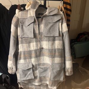 Akira Gray and Cream Plaid Utility Jacket